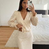 V-Neck Button Blouse – Elegant Long Sleeve Fitted Top