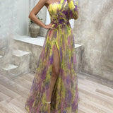 One Shoulder Printed Maxi Dress – Sheer High Slit Evening Gown