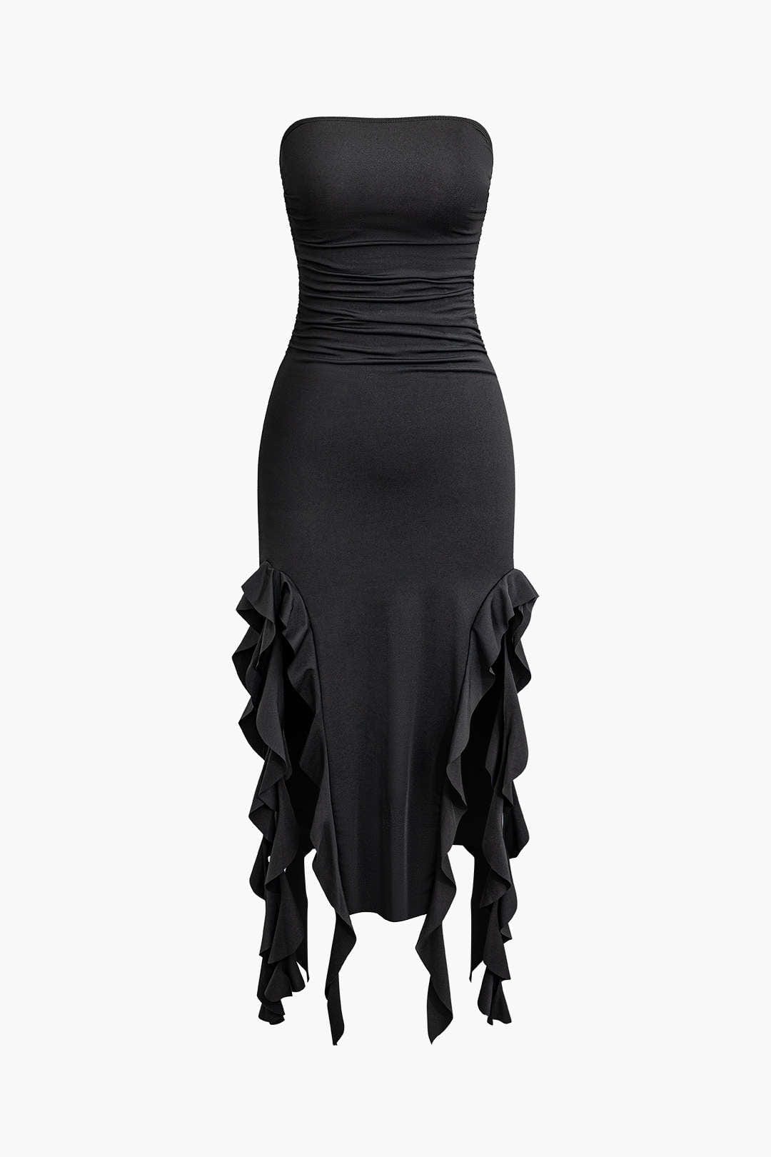 Strapless Fringe Hem Bodycon Midi Dress