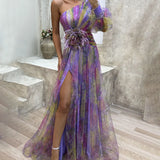 One Shoulder Printed Maxi Dress – Sheer High Slit Evening Gown