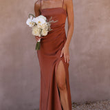 Strapless Satin Maxi Dress – Elegant High Slit Evening Gown