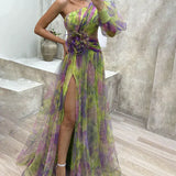 One Shoulder Printed Maxi Dress – Sheer High Slit Evening Gown