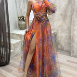 One Shoulder Printed Maxi Dress – Sheer High Slit Evening Gown