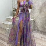 One Shoulder Printed Maxi Dress – Sheer High Slit Evening Gown