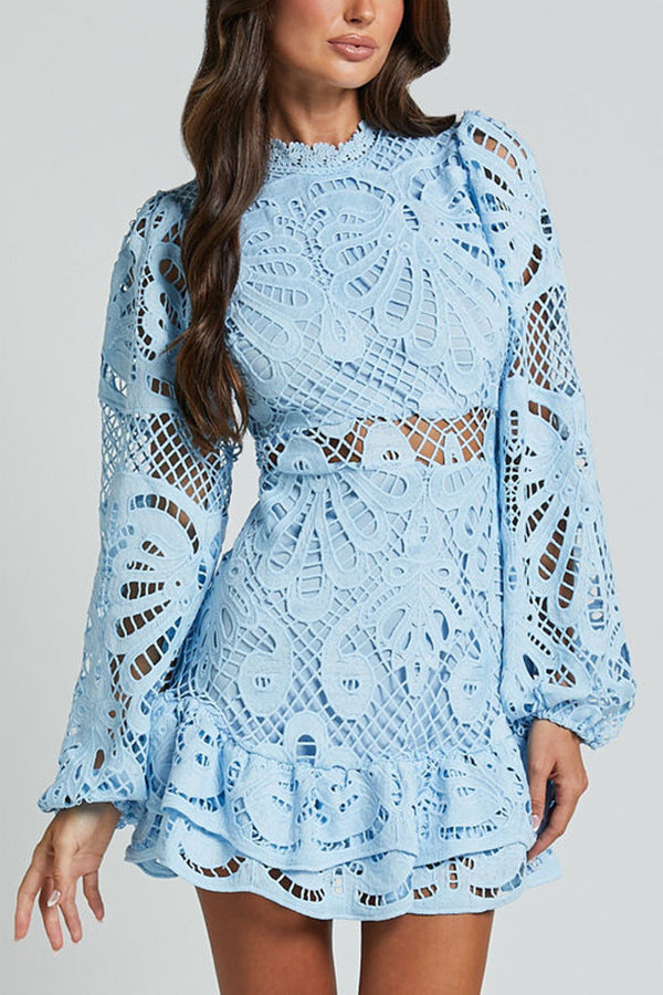 Elegant Lace Ruffle Mini Dress with Long Puff Sleeves
