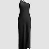 Backless Halter Maxi Dress – Sleek High Slit Evening Gown