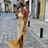 Backless Halter Maxi Dress – Sleek High Slit Evening Gown
