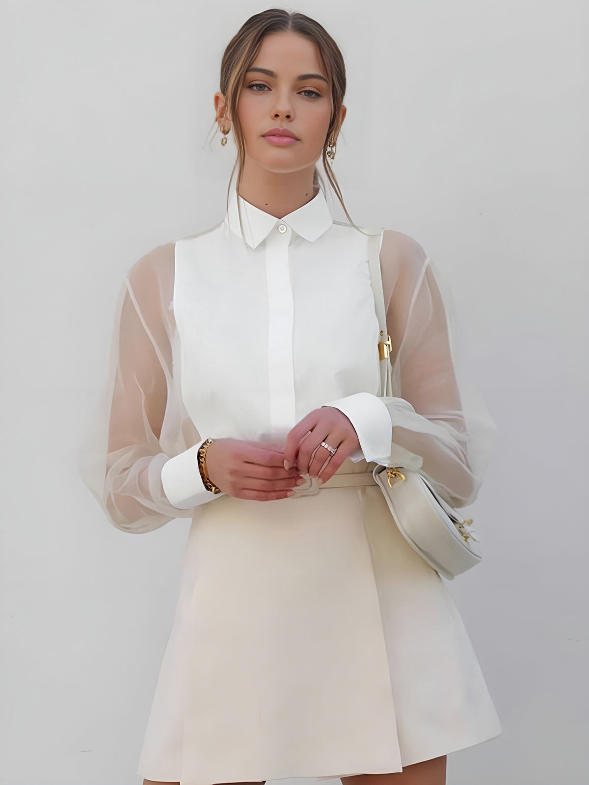 Sheer Sleeve Button Blouse for Elegant Feminine Style