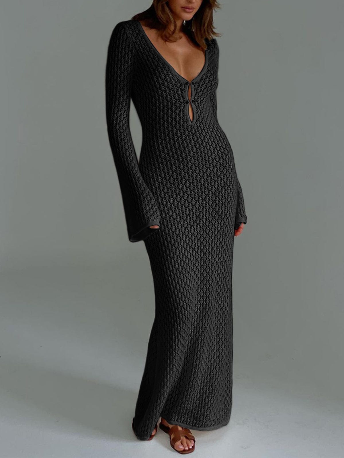 Knit Button Front Maxi Dress – Long Sleeve Elegant Lounge Dress
