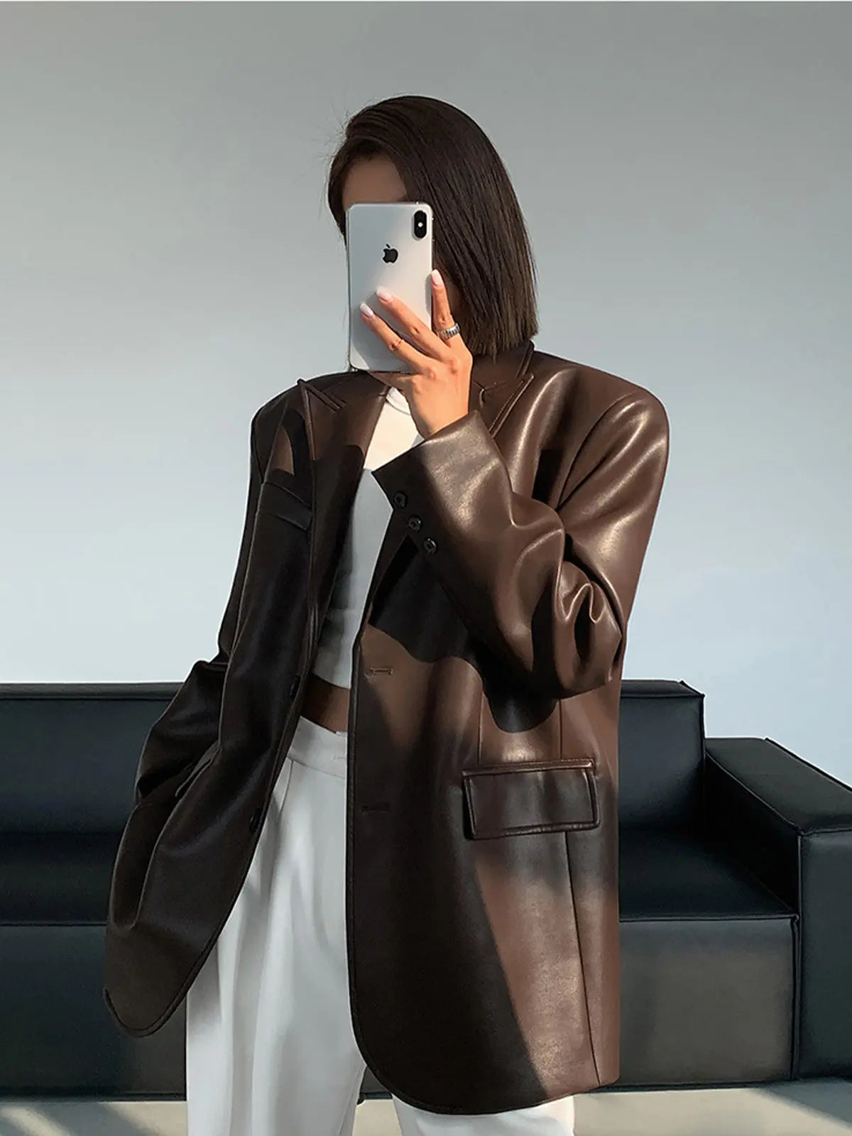 Oversized Faux Leather Blazer for Effortless Street Style