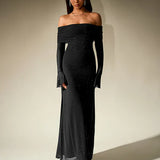 Off Shoulder Knit Maxi Dress – Elegant Fitted Evening Gown
