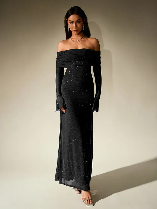 Off Shoulder Knit Maxi Dress – Elegant Fitted Evening Gown