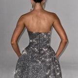 Strapless Glitter Mini Dress – Flared A-Line Party Dress
