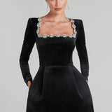 Square Neck Long Sleeve Mini Dress – Elegant A-Line Party Dress