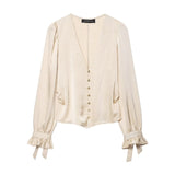 Button Front V Neck Blouse for Elegant Minimal Style