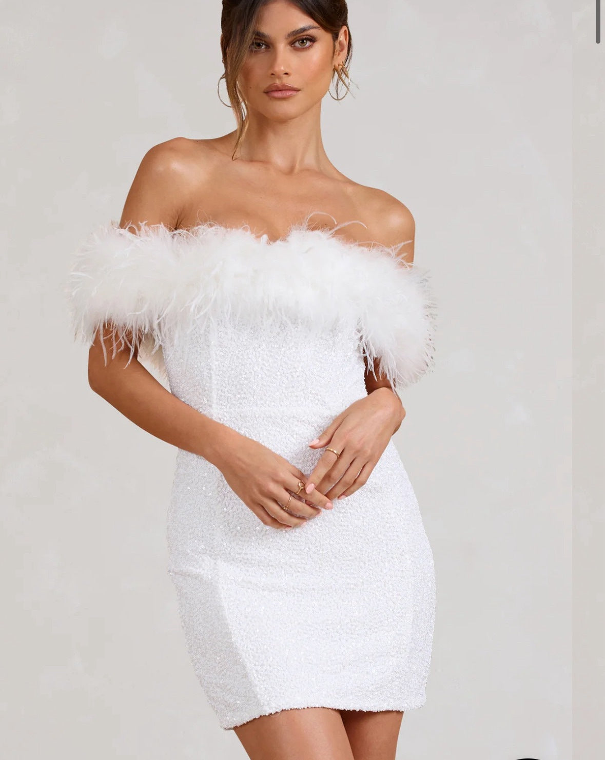 Feather Trim Sequin Mini Dress – Off Shoulder Party Dress