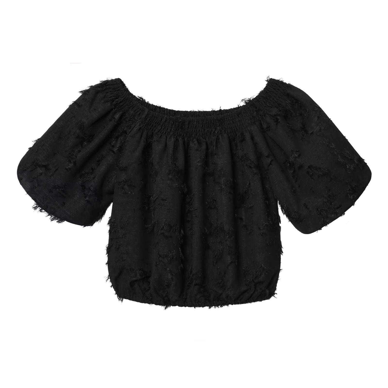 Off Shoulder Crop Top – Textured Puff Sleeve Blouse