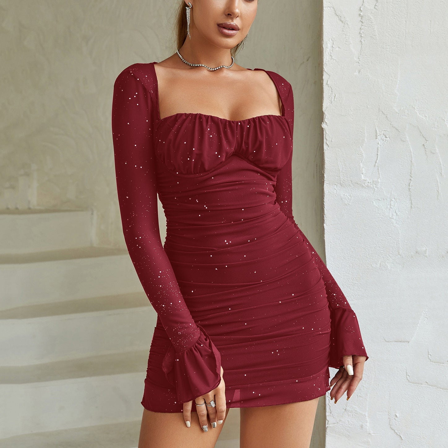Sheer Mesh Ruched Mini Dress – Off Shoulder Bodycon Party Dress