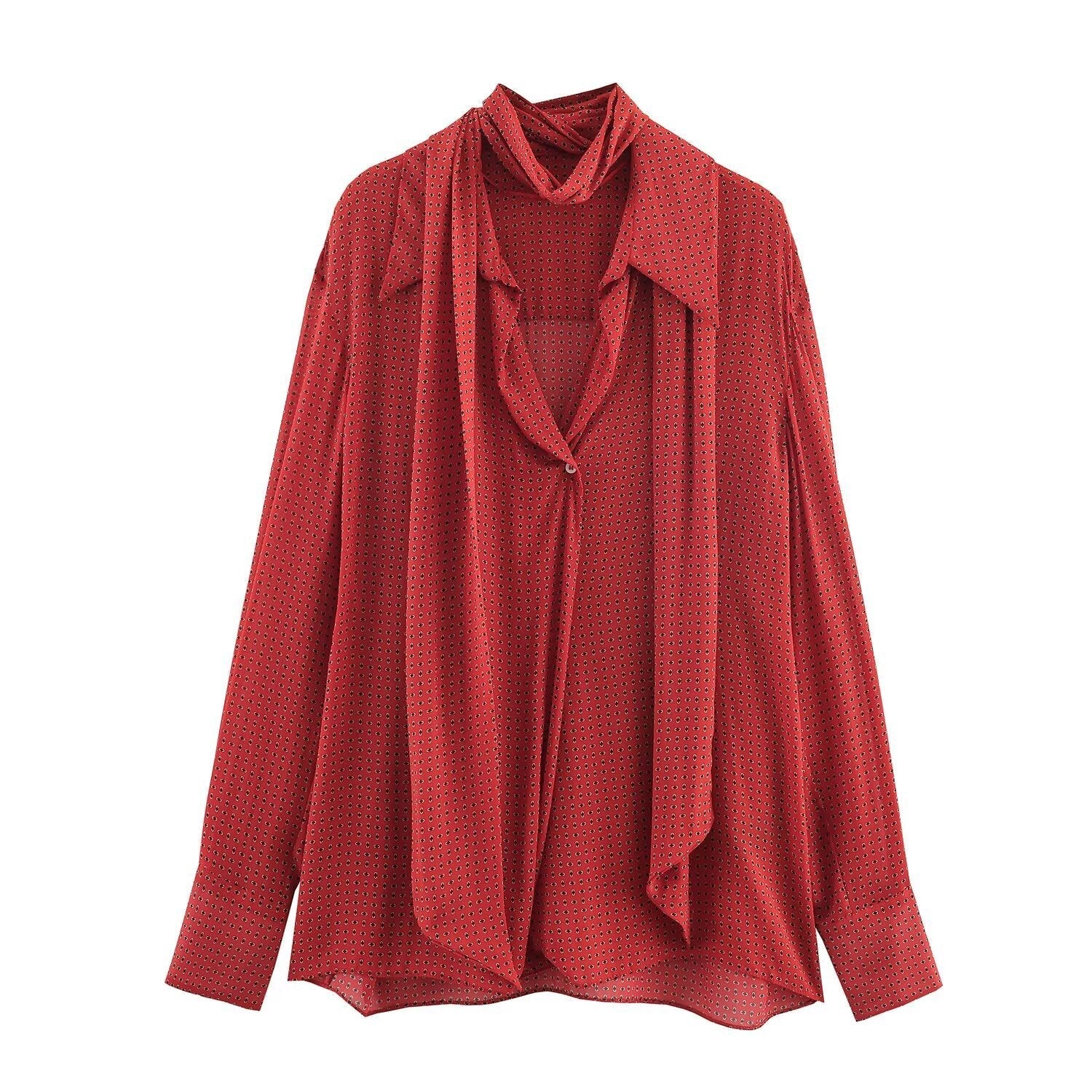 Tie Neck Blouse – Elegant Long Sleeve Draped Shirt