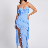 Ruffle Trim Midi Dress – Asymmetric Flowy Party Dress