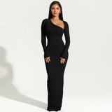 One Shoulder Long Sleeve Maxi Dress – Elegant Bodycon Evening Gown