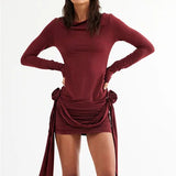 Long Sleeve Ruched Mini Dress – Side Tie Bodycon Party Dress