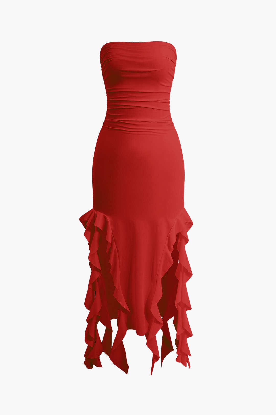 Strapless Fringe Hem Bodycon Midi Dress