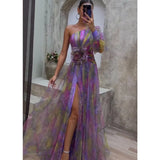 One Shoulder Printed Maxi Dress – Sheer High Slit Evening Gown
