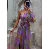 One Shoulder Printed Maxi Dress – Sheer High Slit Evening Gown