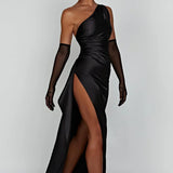 One Shoulder Satin Maxi Dress – Elegant High Slit Evening Gown