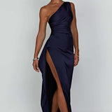 One Shoulder Satin Maxi Dress – Elegant High Slit Evening Gown