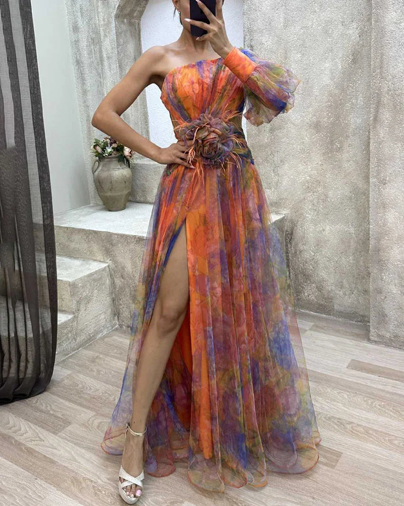 One Shoulder Printed Maxi Dress – Sheer High Slit Evening Gown