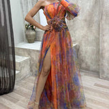 One Shoulder Printed Maxi Dress – Sheer High Slit Evening Gown