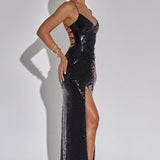 Sequin High Slit Maxi Dress – Elegant Fitted Evening Gown