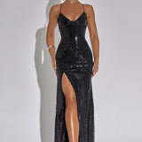 Sequin High Slit Maxi Dress – Elegant Fitted Evening Gown