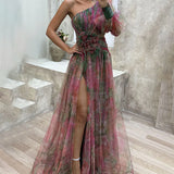 One Shoulder Printed Maxi Dress – Sheer High Slit Evening Gown