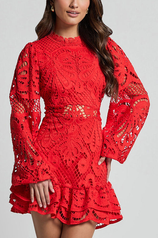Elegant Lace Ruffle Mini Dress with Long Puff Sleeves