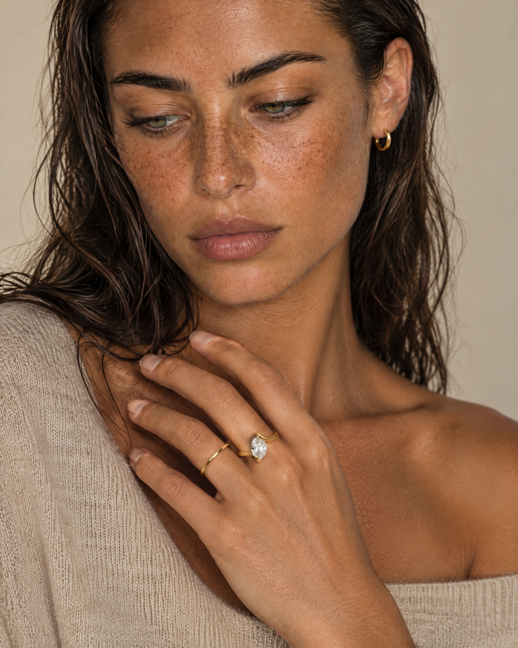 Open Ring Gold Tone Adjustable Clear Stone