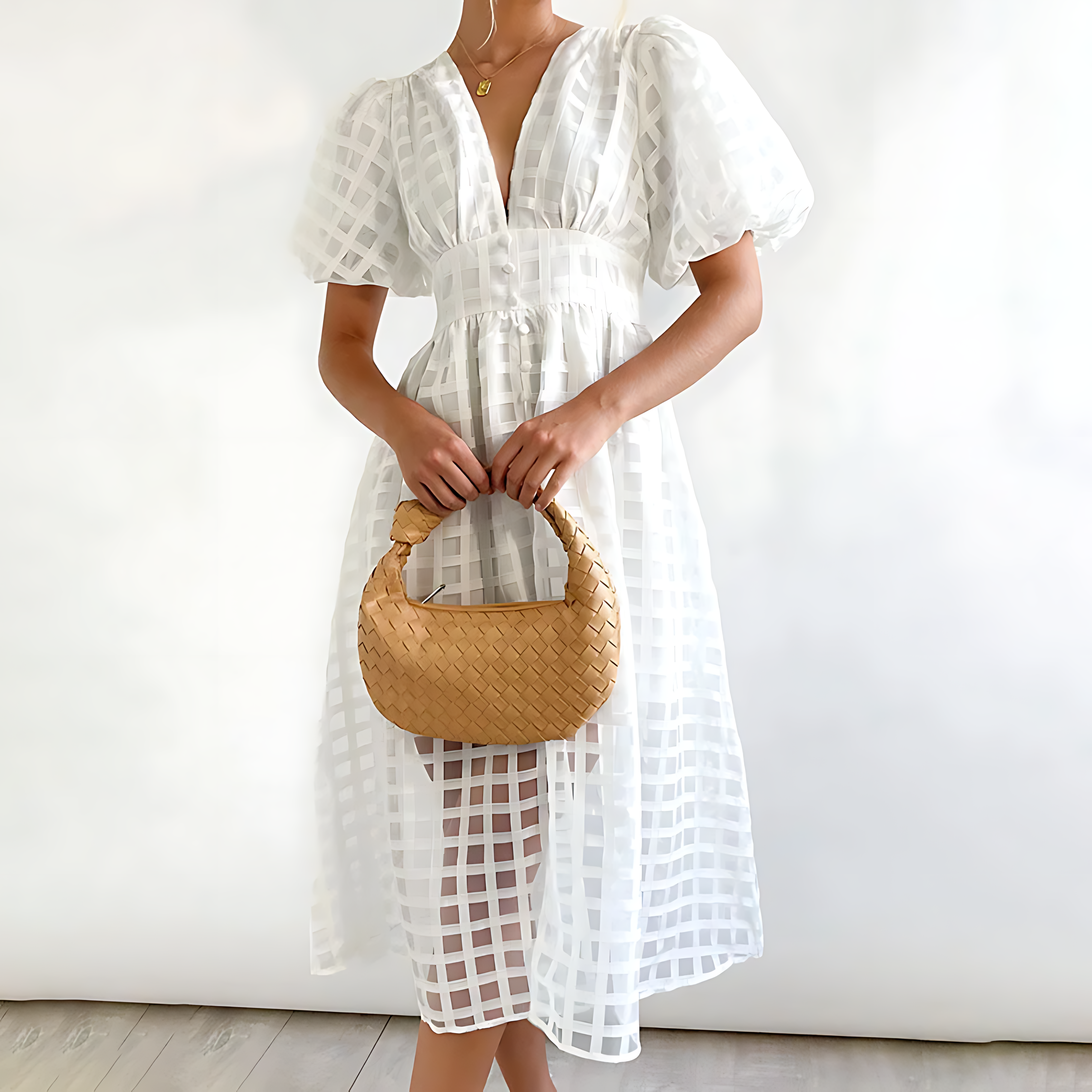 Eyelet Lace Midi Dress – Puff Sleeve Summer Dress