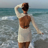 Open Back Crochet Mini Dress – Long Sleeve Beach Cover Up
