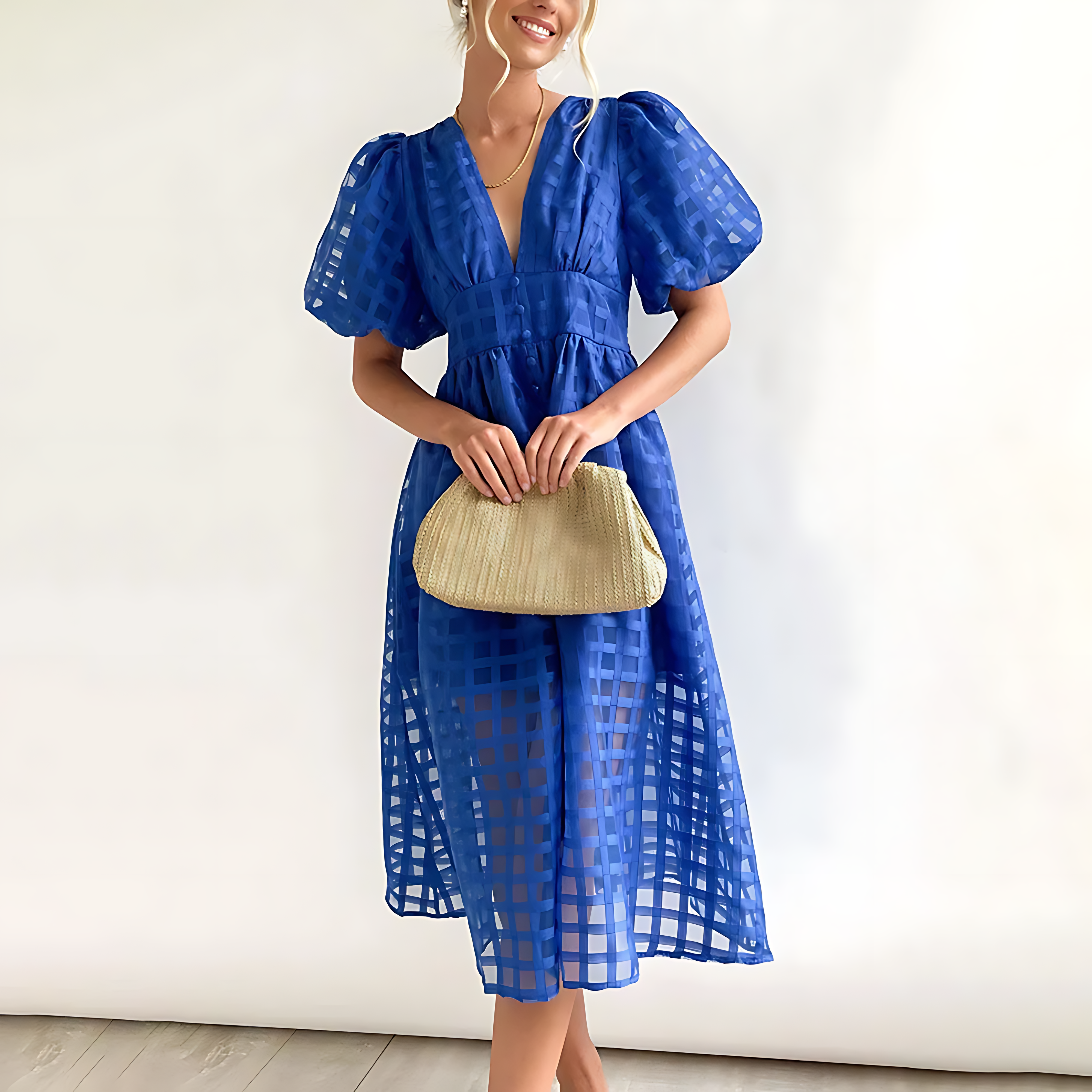 Eyelet Lace Midi Dress – Puff Sleeve Summer Dress