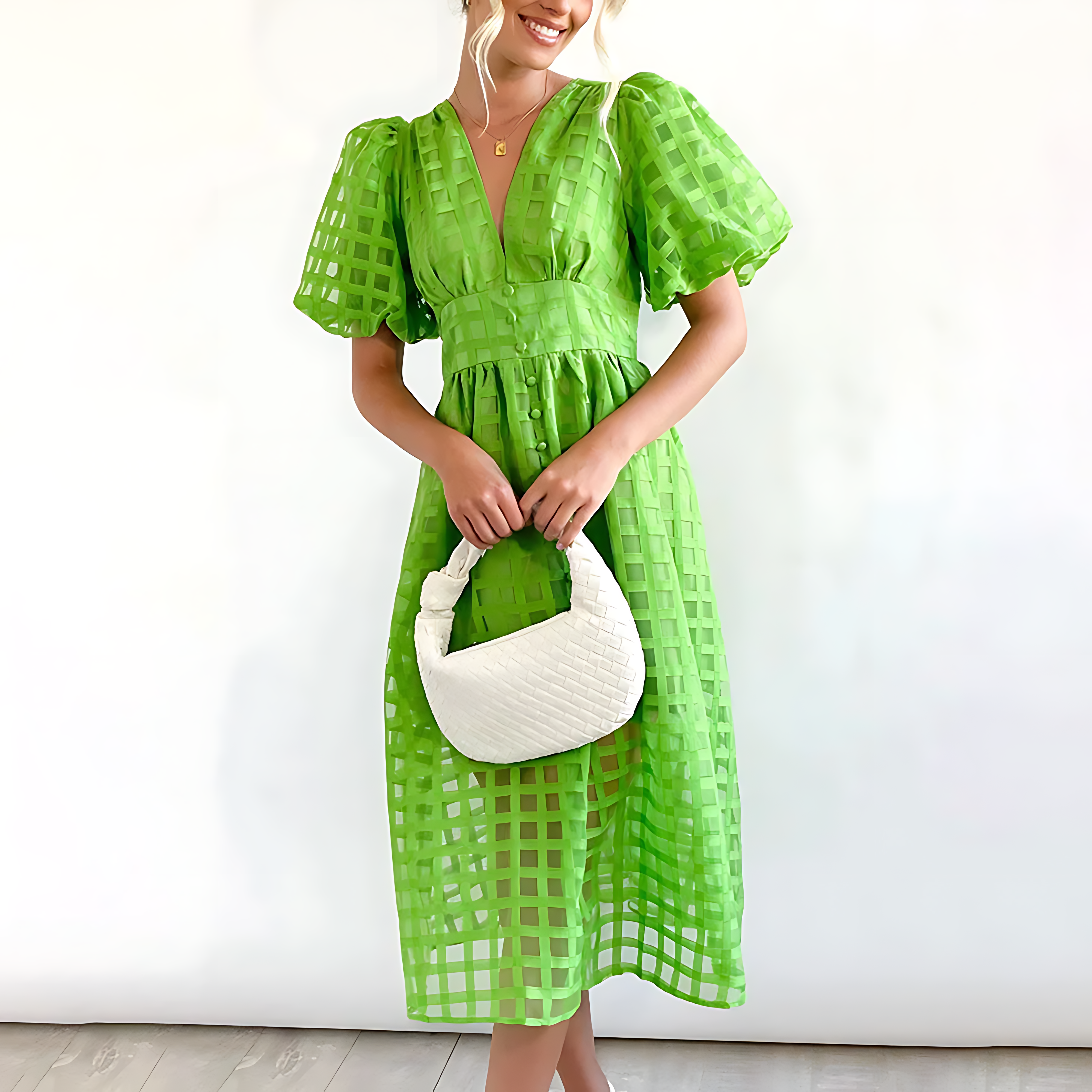 Eyelet Lace Midi Dress – Puff Sleeve Summer Dress