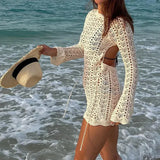 Open Back Crochet Mini Dress – Long Sleeve Beach Cover Up