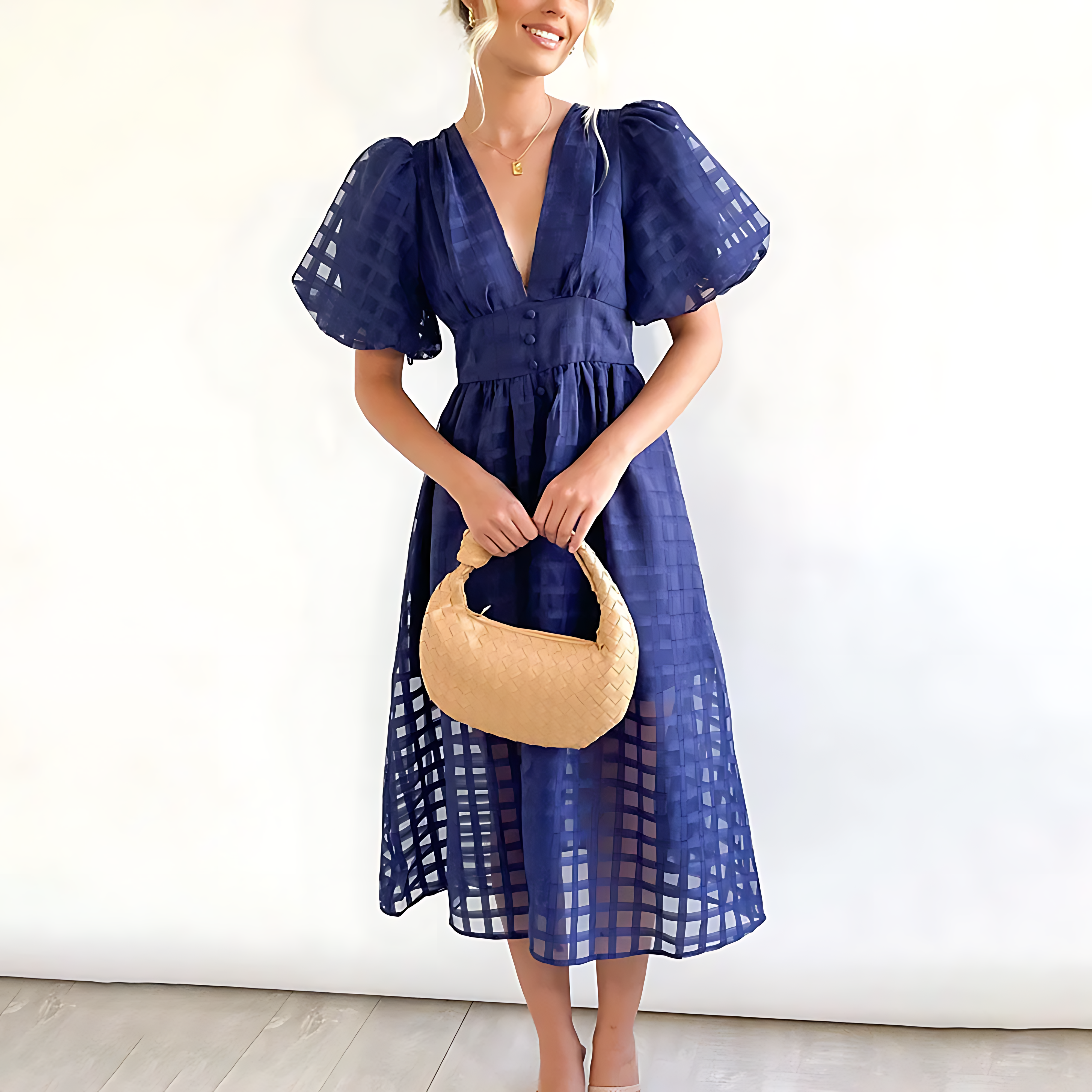 Eyelet Lace Midi Dress – Puff Sleeve Summer Dress