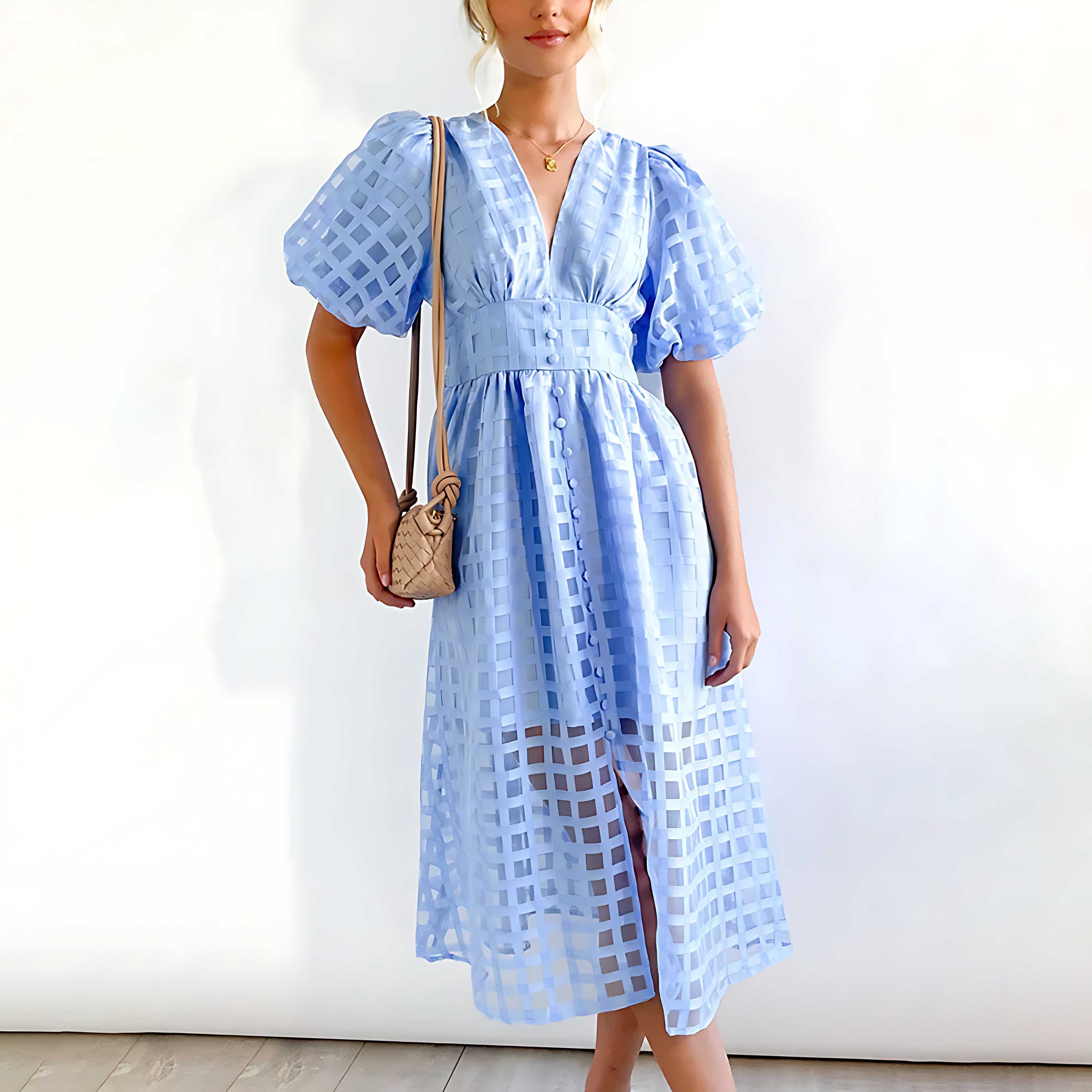 Eyelet Lace Midi Dress – Puff Sleeve Summer Dress