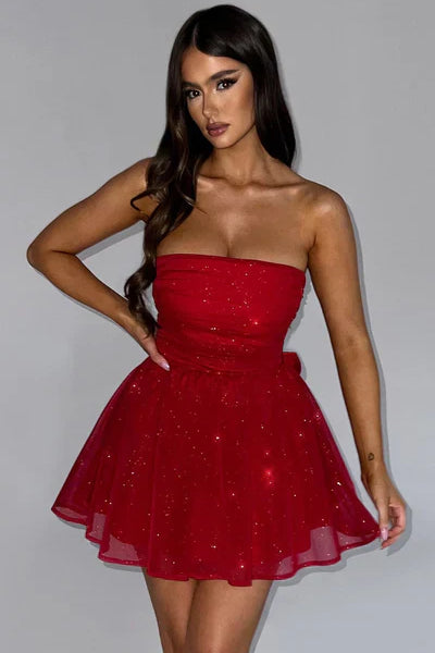 Strapless Glitter Tulle Mini Dress – Flared A-Line Party Dress