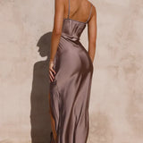 Strapless Satin Maxi Dress – Elegant High Slit Evening Gown
