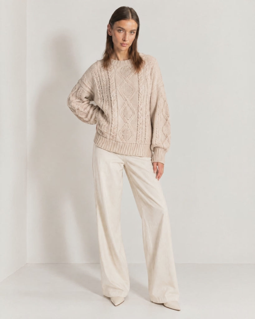 Beige Cable Knit Jumper Oversized Crew Neck Sweater with Diamond Pattern [cable-knit-oversized-jumper-beige.mp4]