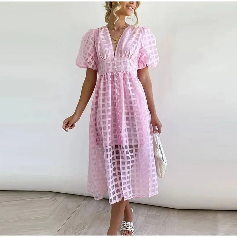 Eyelet Lace Midi Dress – Puff Sleeve Summer Dress