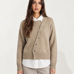 Beige Button Cardigan Asymmetric Crew Neck Knit